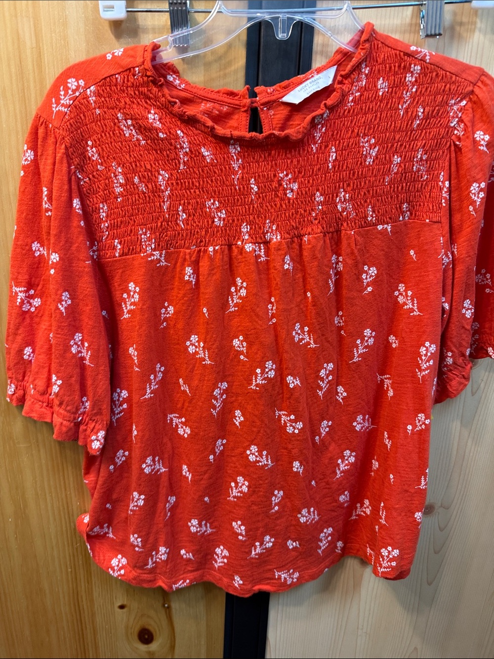 Lucky Brand Red Floral Smocked Yoke Blouse